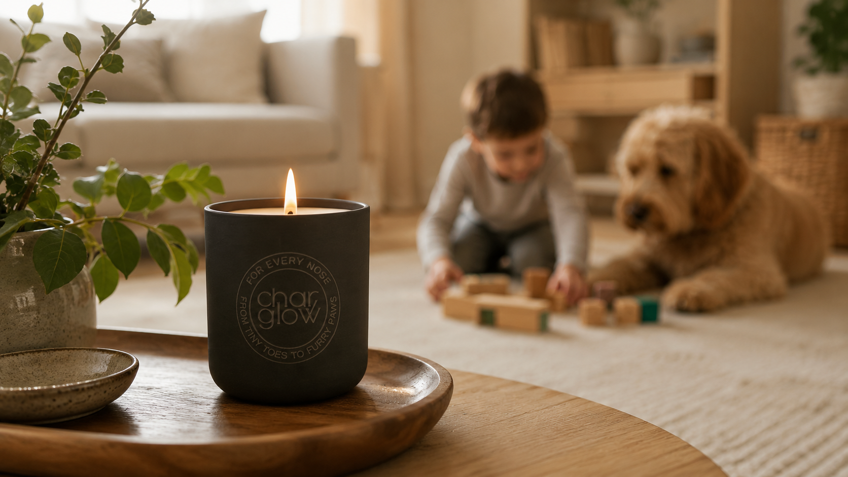 Lit CharGlow candle placed securely in a family home with a child and dog in the distant background