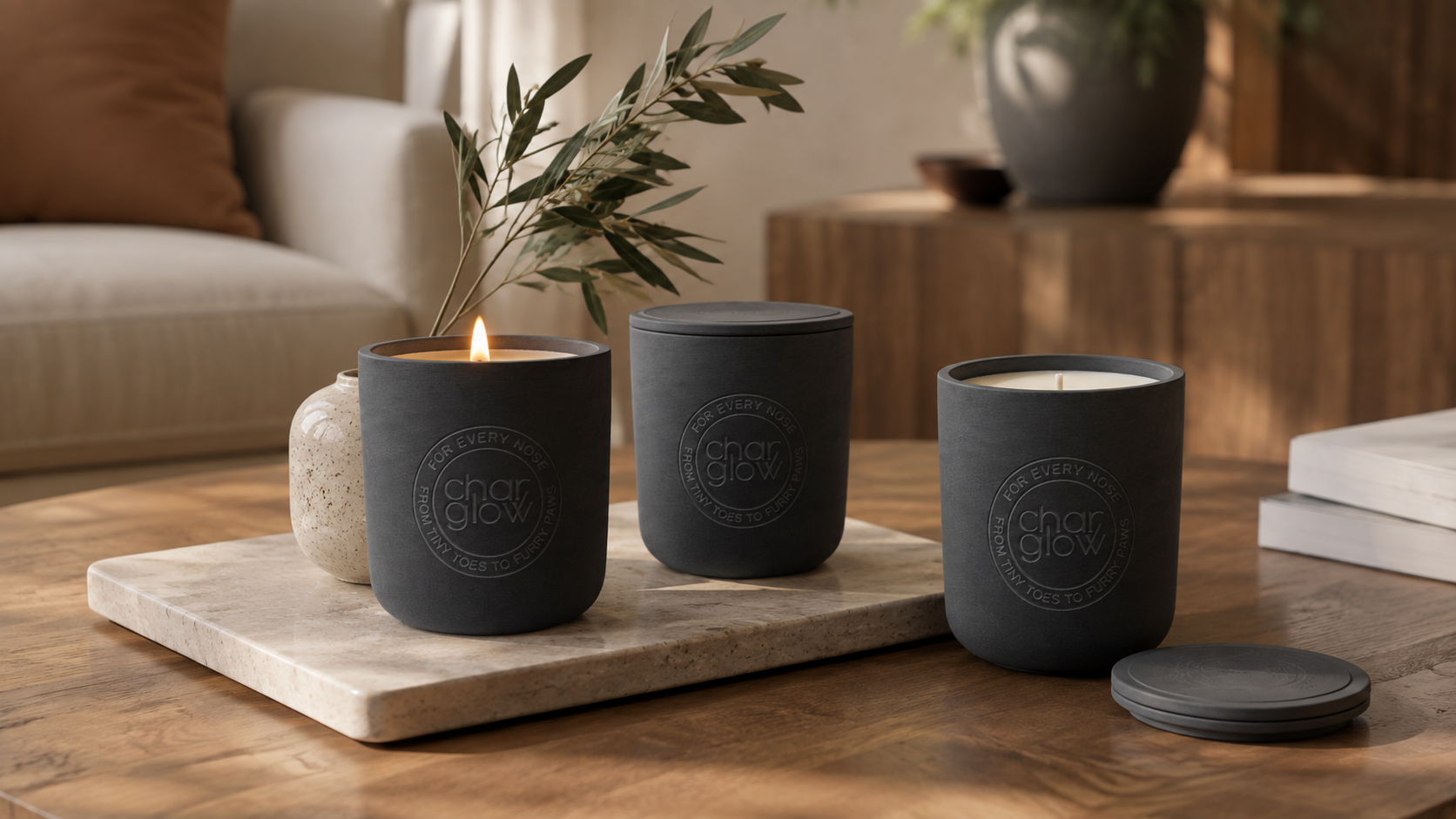 Selection of CharGlow Signature and Escape candles arranged in a warm home interior