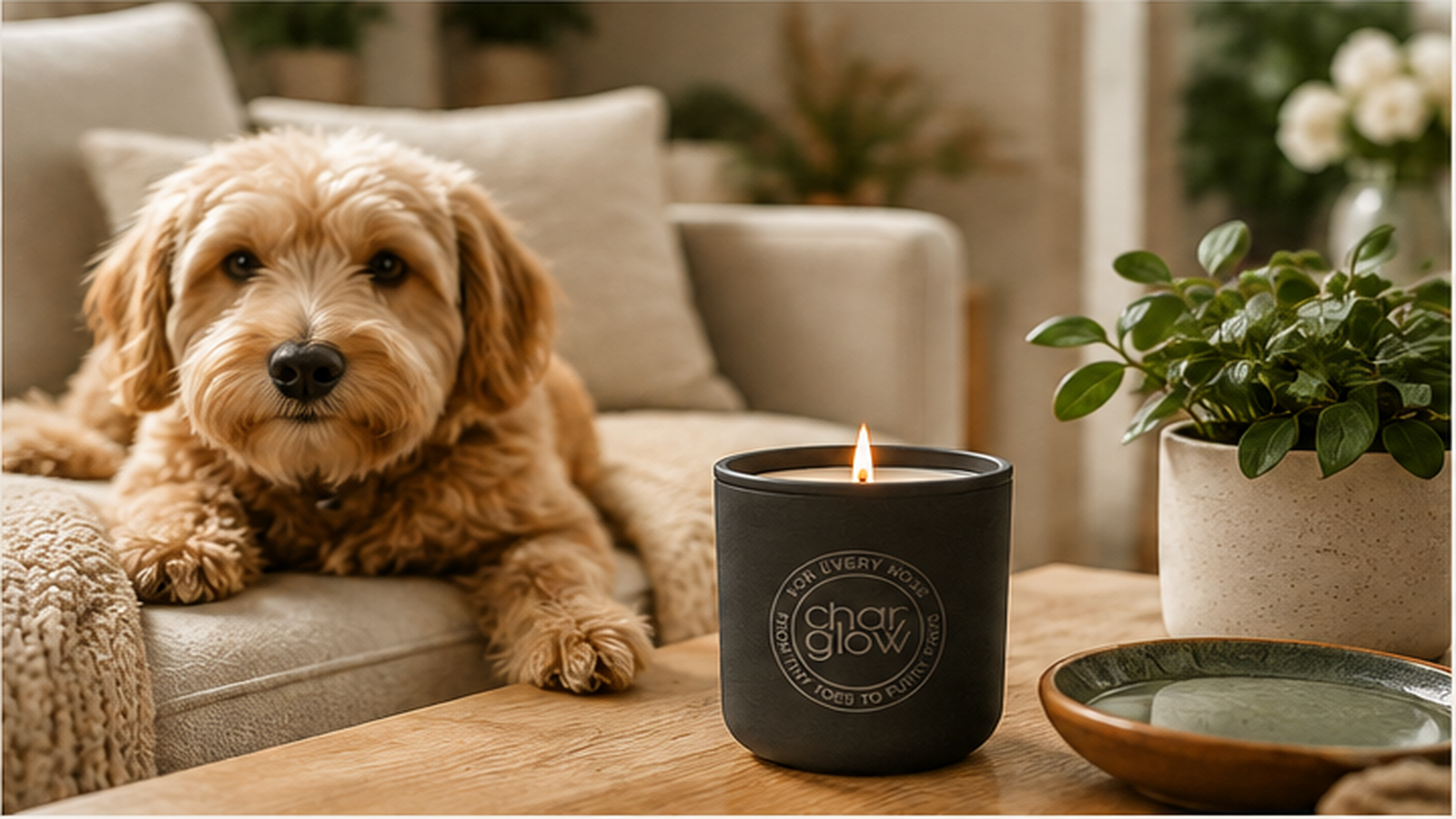 CharGlow Signature candle in a ventilated living room with a dog resting in the background