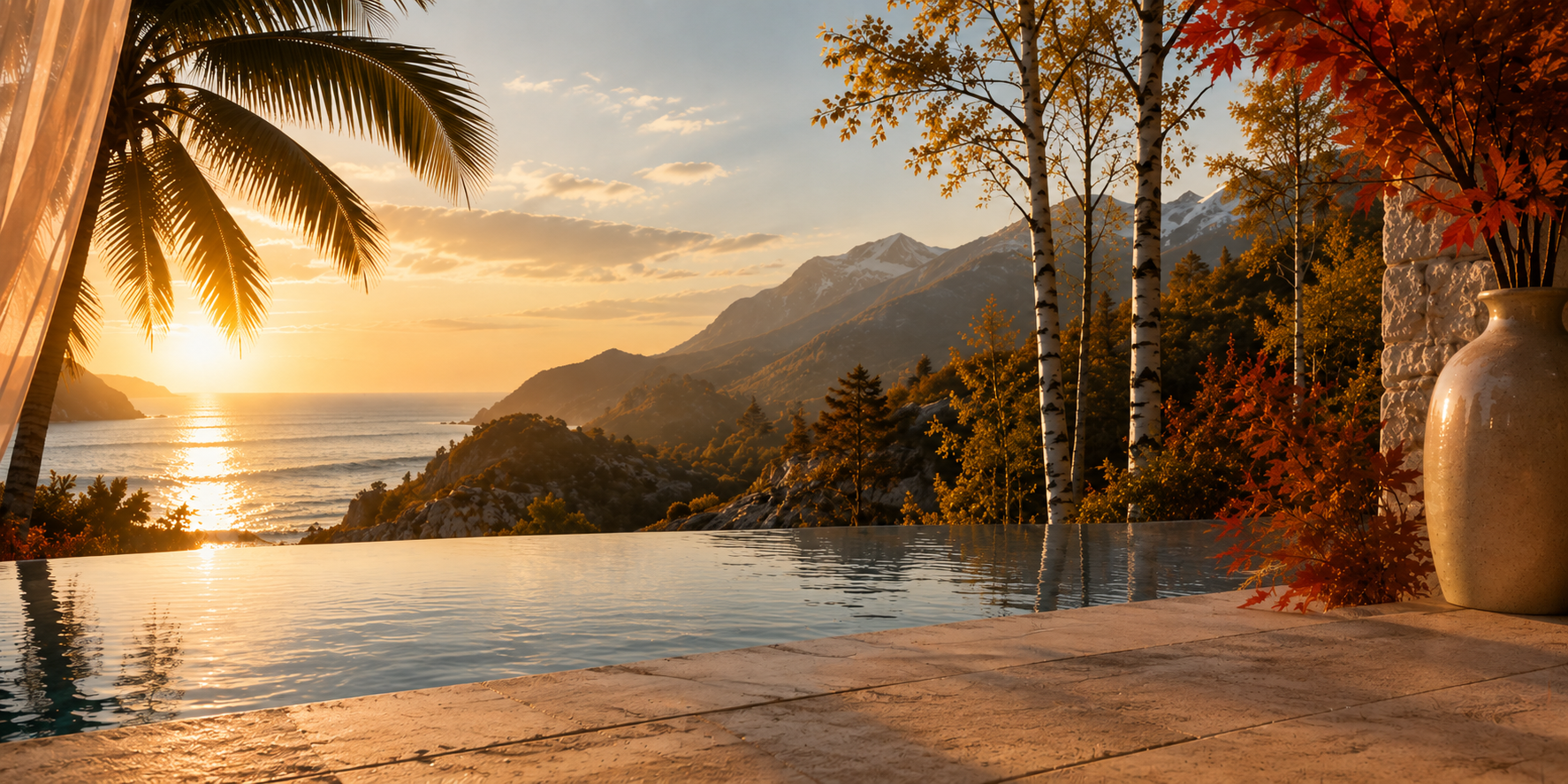 CharGlow Escape Collection luxury candle inspired by unforgettable places, featuring a sunset infinity pool, ocean views, autumn mountains, and a cozy outdoor terrace