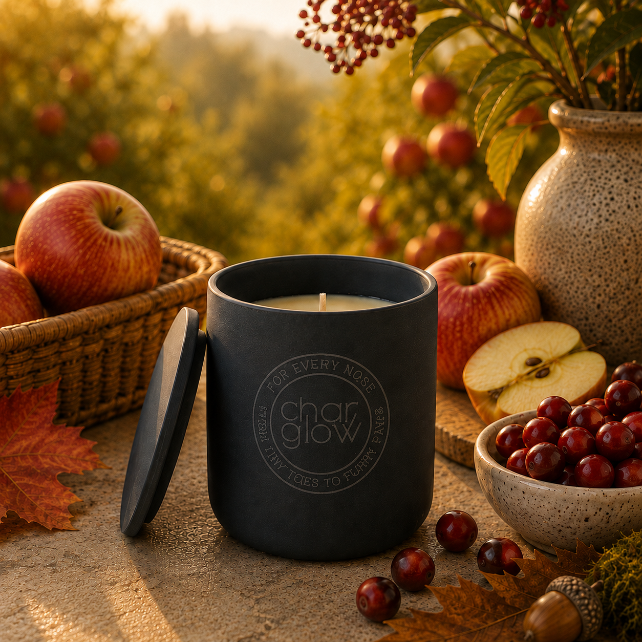 A dark charcoal gray candle jar with its lid leaning beside it, set outdoors on a stone surface with apples, cranberries, leaves, and a vase in a sunlit garden scene. The jar has a circular logo reading 'char glow' on the front.