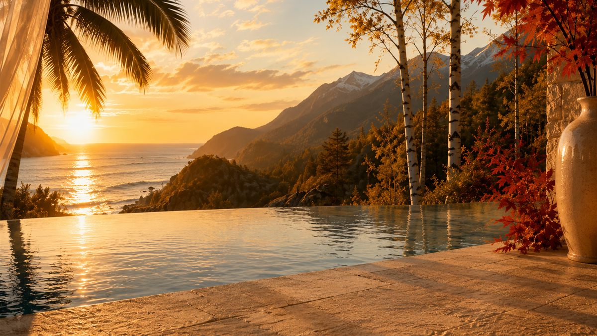 A scenic outdoor landscape at sunset with an infinity pool in the foreground, ocean and mountains in the distance, palm and birch trees, and a large vase with red leaves on the right.