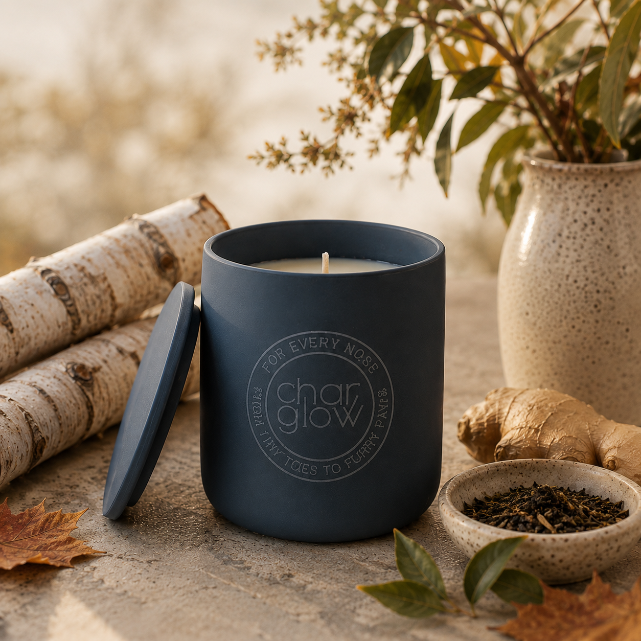 A matte dark blue-gray candle jar with its lid leaning beside it, set on a stone surface with birch logs, a ceramic vase, ginger root, dried leaves, and a small dish of tea. The jar has an etched circular logo reading 'char glow' and 'FOR EVERY MOOD, THERE IS A PURE FLAVOR.